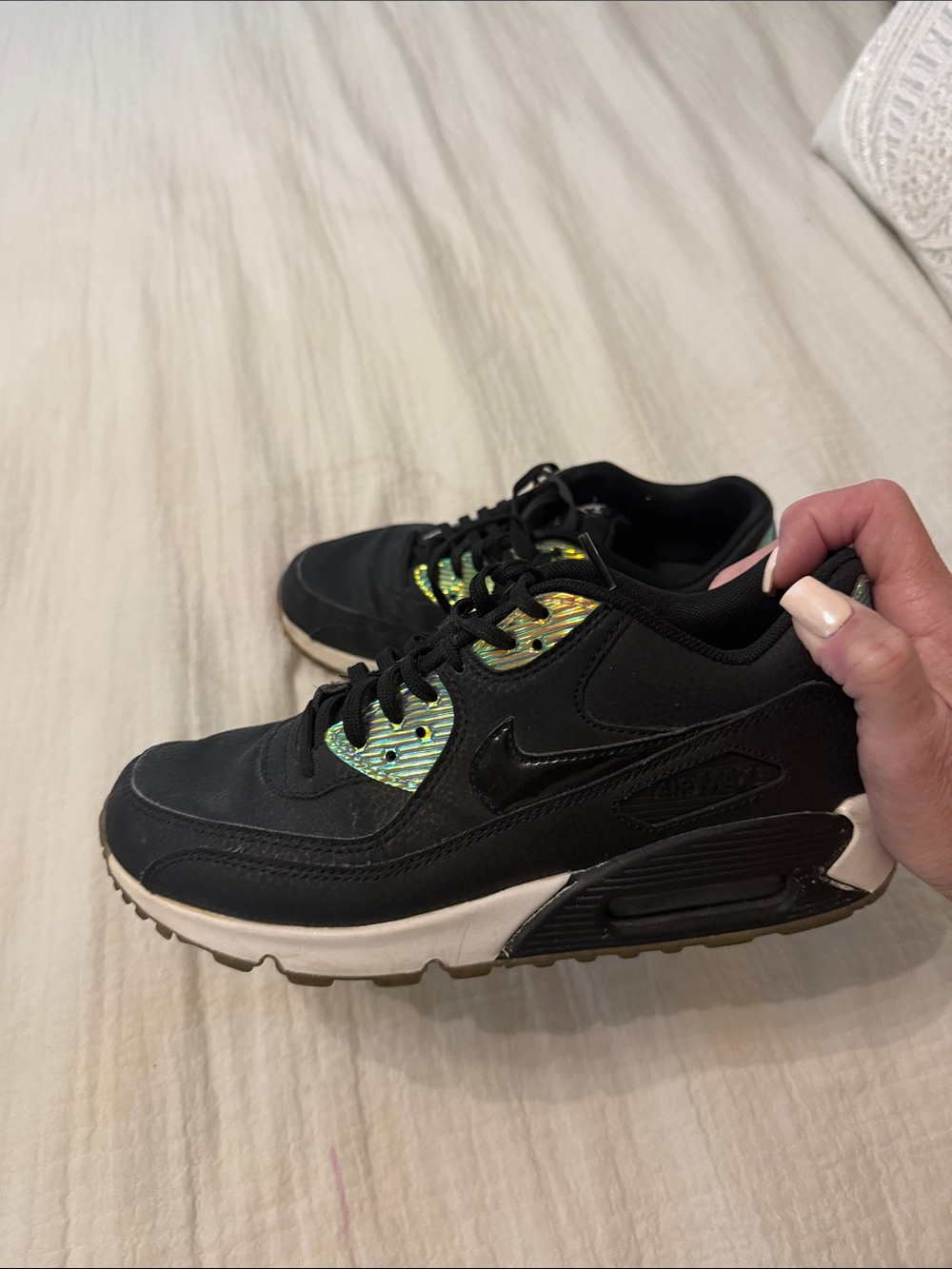 Nike Kids Black Sneakers with Iridescent Green Accents
